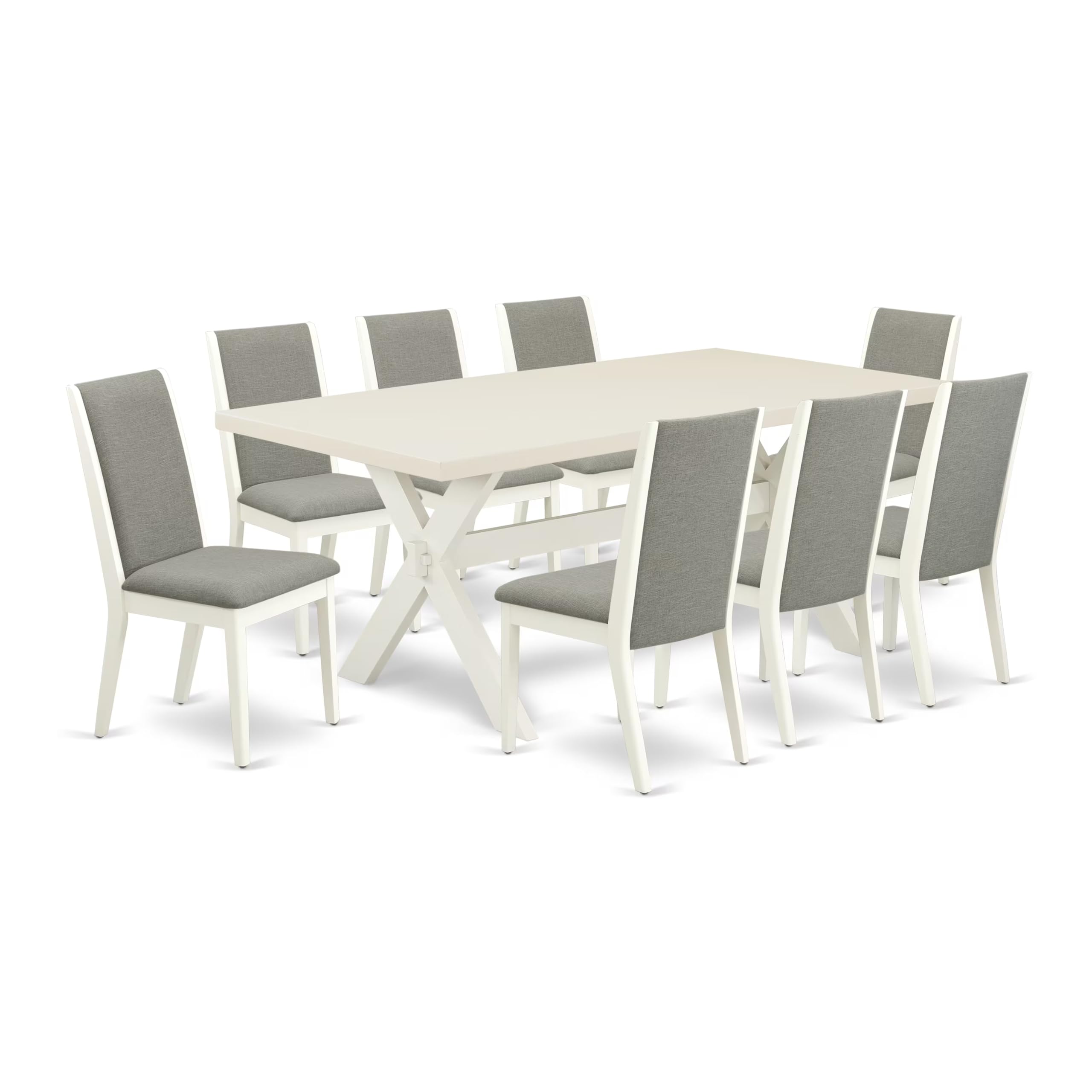 East West Furniture X027La206-9 9 Piece Dining Room Table Set Includes A Rectangle Dining Table With X-Legs And 8 Shitake Linen Fabric Upholstered Chairs, 40X72 Inch, Multi-Color